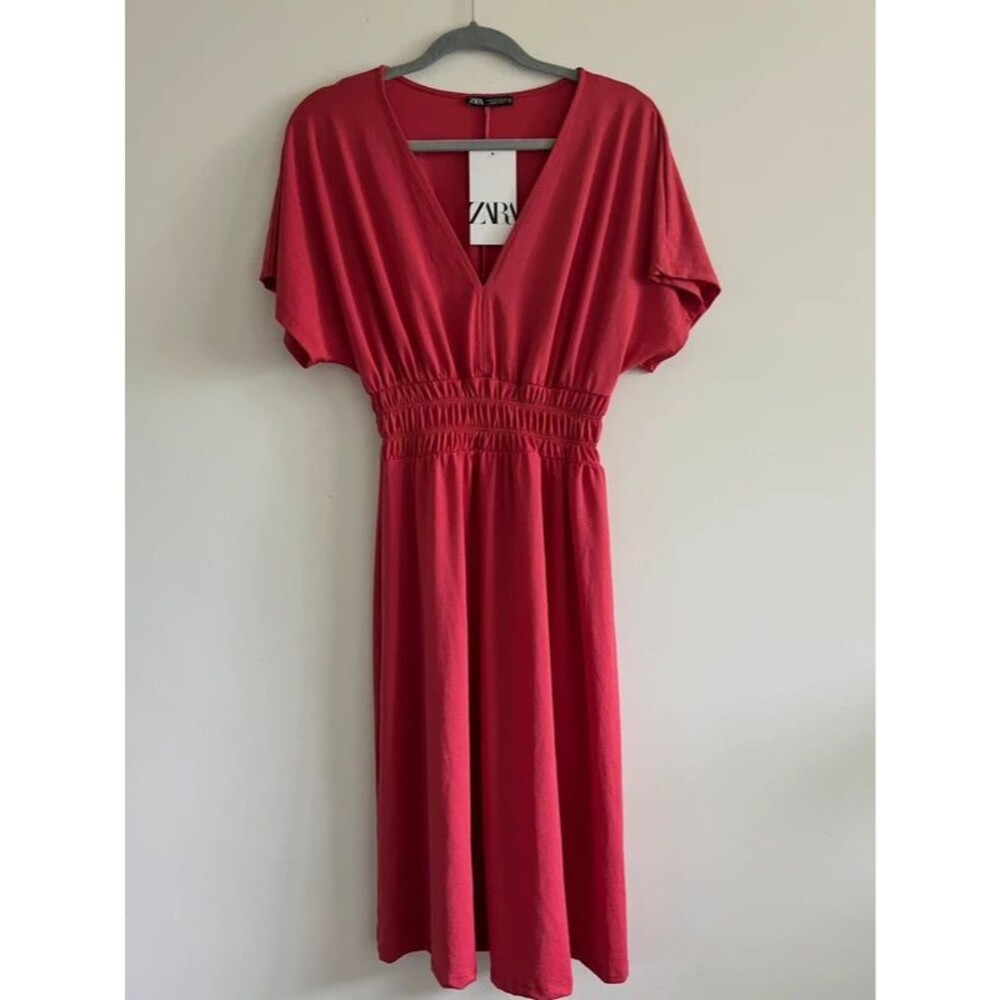 ZARA Dark Pink V-Neck Elastic Waist Dress - S